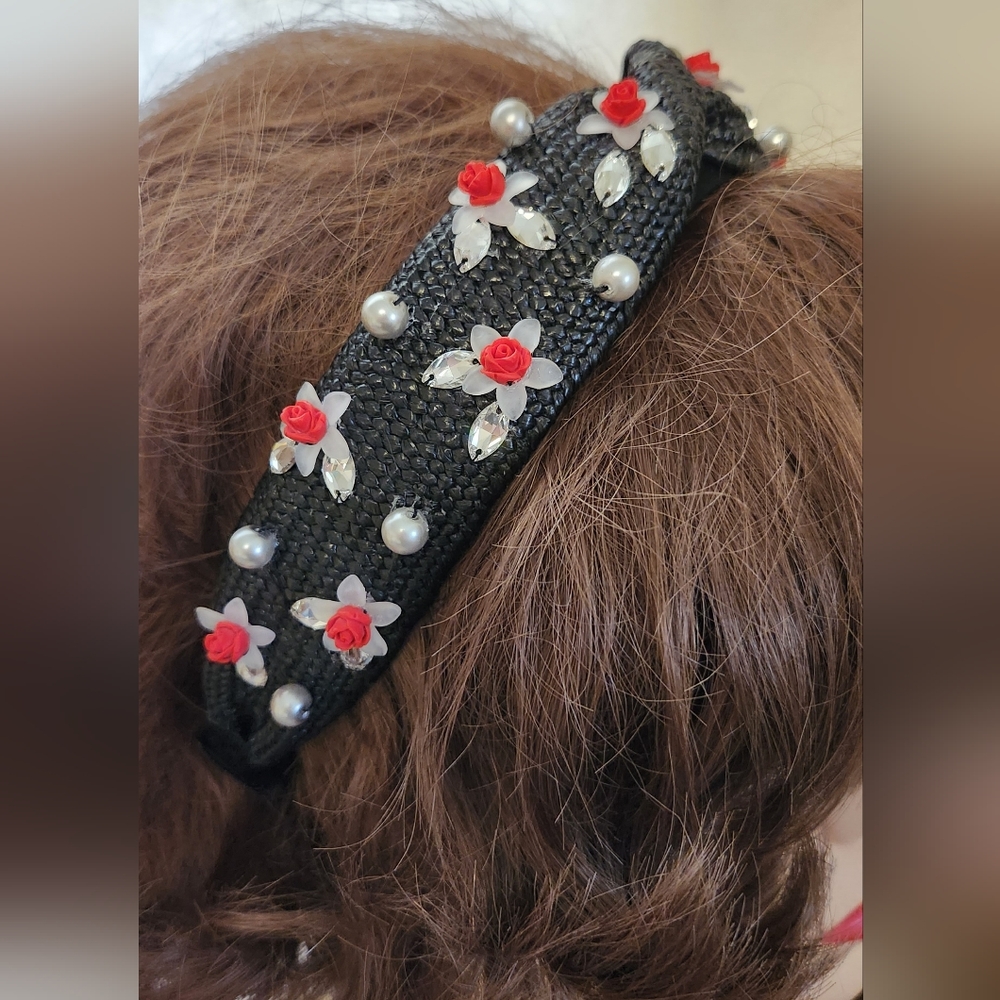 Handbeaded Black Straw Rattan Headband One of a Kind